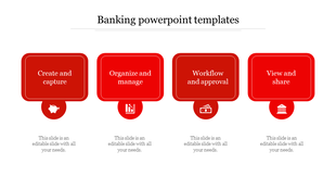 Banking template with four red speech bubble shaped boxes, each linked to an icon and a descriptive text section.