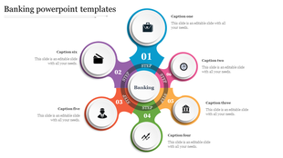 Banking themed slide with a central circle, featuring six colorful arms, with icons, and captions arranged radially.