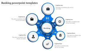 Blue radial layout with six numbered nodes and icons arranged symmetrically around a central banking label.