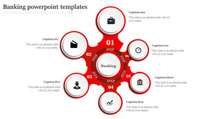 Circular red hub with six white icons radiating around it, each connected with steps numbered 01 to 06.