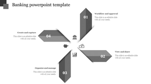 Gray banking template featuring four arrows in a cross shape with icons and captions for each segment.