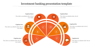 Orange semi-circle with six segments labeled A to F, each connected to circular icons on the outer ring.