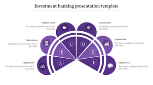 Investment banking template with a semi-circular purple diagram divided into six segments, each with caption areas.