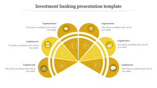 Investment banking PowerPoint template with a circular design and icons representing various financial topics.