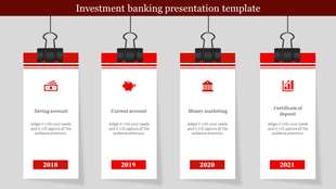 Four vertical white cards with red icons and headers, each held by a black binder clip, representing banking options.