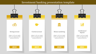 Investment banking slide showcasing savings, current accounts, money marketing, and certificates of deposit with timelines.
