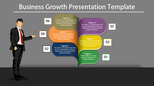 Six step business growth infographic with numbered colorful panels and a businessman in a suit on a dark background.