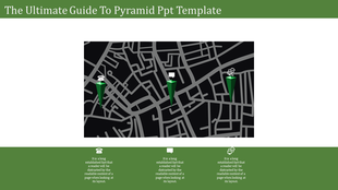 Pyramid PowerPoint template with a map background and three pyramidal markers indicating locations.