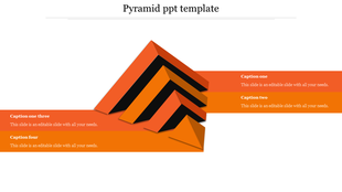 Layered 3D pyramid in orange and black with four caption banners in different shades of orange extending from the structure. 