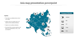 Asia map slide with transport icons including airplane, bus, car, train, and boat for different regions.