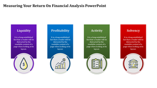 Four vertical colored panels in purple, blue, green, and red, each with circular icons and financial analysis topics.