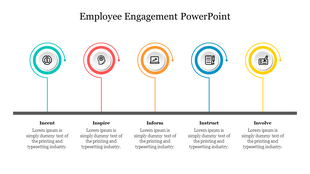 Infographic with five elements of employee engagement arranged horizontally, featuring icons and captions for each step.