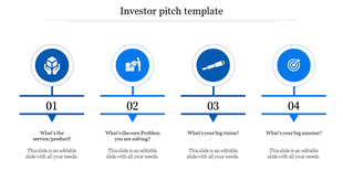 Investor PPT pitch slide with four blue sections labeled from 1 to 4, with icons and placeholder text.