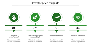 Four step investor pitch template with green icons for service, problem-solving, vision, and mission, arranged in a row.
