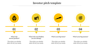 Four yellow circular icons with numbered captions displaying stages in an investor pitch template layout.