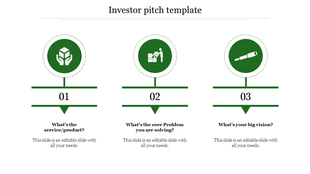 Investor pitch template with three steps, each represented by a green icon, number, and text label.
