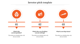 Investor pitch framework with orange circles containing product, problem-solving, and vision icons, connected by elements.