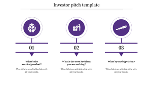 Investor pitch PPT slide with three steps product or service, core problem, and big vision, with purple icons and captions.