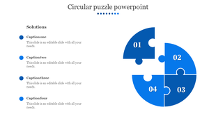 Blue circular puzzle infographic with four numbered pieces and corresponding captions on a clean white background.