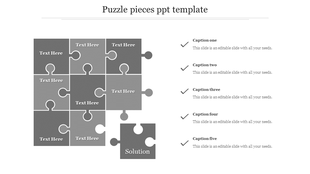 Grid of interlocked puzzle pieces with placeholders, one detached labeled and five checklist captions on the right.