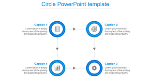 Flowchart style design with four blue circles, featuring icons and captions in a square layout with connecting arrows.