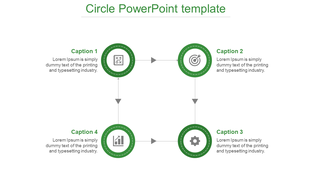 A Circle PowerPoint template featuring four green circular icons with corresponding captions for each section.