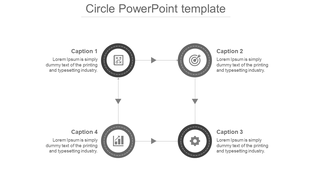 Grey circle PPT slide with four circular icons connected by arrows, representing strategy, target, growth, and tools.
