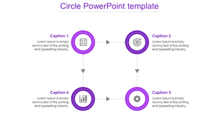 Purple circle PPT slide with four circular icons connected by arrows, representing strategy, target, growth, and tools.