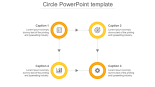 Four yellow circles connected with arrows in a square layout, each with an icon and caption.
