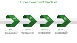 Four green chevron shaped arrows pointing right across a horizontal white strip, each with captions and icons.