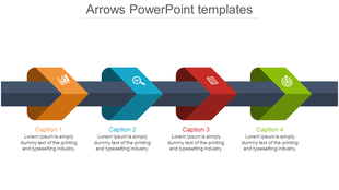 Business process diagram with four folded arrows in orange, blue, red, and green, each featuring icons and connected to text.
