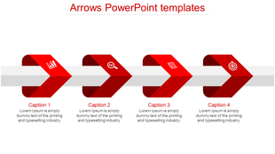 Business process diagram with four red folded arrows, each featuring an icon, around a horizontal bar and linked to text.