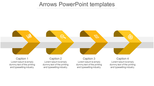 Row of four yellow arrows pointing to the right on a gray line, with corresponding captions beneath.