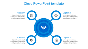 Circle PowerPoint template with blue icons representing growth, partnership, strategy, and settings with captions.