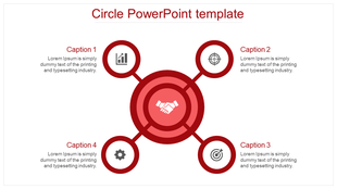 Red circular network infographic with a handshake center, four surrounding icons, and text boxes connected by lines. 