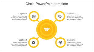 Yellow circular layout with four icons, surrounding the central handshake symbol, with captions in a symmetrical design.