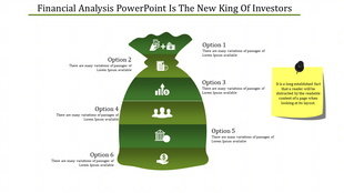 Financial analysis PowerPoint template with a money bag icon and six options for financial topics.