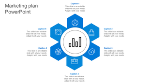 Marketing plan infographic with six blue hexagonal nodes, each featuring an icon, surrounding a circular central chart icon.