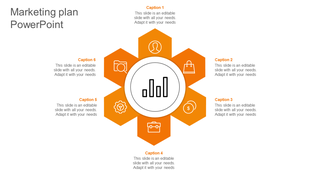 Central circle with a bar chart surrounded by six orange hexagons with icons representing different elements.