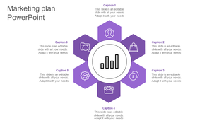 A central circular graph icon and six surrounding hexagons, each with an icon representing different aspects of marketing.