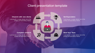 Client slide featuring a circular flow chart with four stages with icons and placeholder text with a handshake background.
