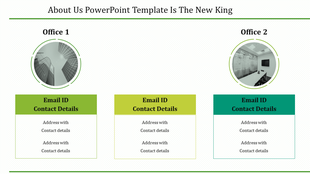 Slide with two circular office images above three text sections in green, yellow, and teal, featuring contact details.