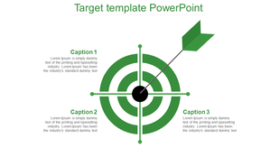 Target PowerPoint slide with a bullseye design and green arrows pointing to different captions.
