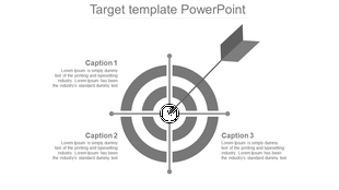 Monochrome target infographic with an arrow hitting the bullseye, surrounded by three text  linked with caption areas. 
