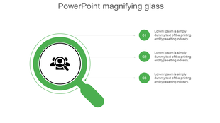 Slide with a green magnifying glass illustration highlighting three numbered points with circular markers on the right.