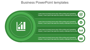Green business PowerPoint template featuring icons with placeholder text.