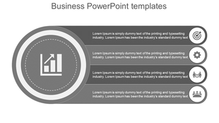 Business infographic with a central circular graph icon on the left, branching into four labeled text sections with icons.