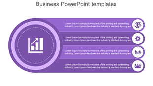 Purple theme business PowerPoint template featuring icons with placeholder text.