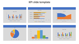 KPI dashboard slide featuring six charts vertical bars, horizontal bars, area graph, pie chart, and column bar graphs.