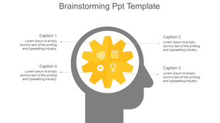 Brainstorming PowerPoint template with a gear in the yellow color brain and four sections for captions.